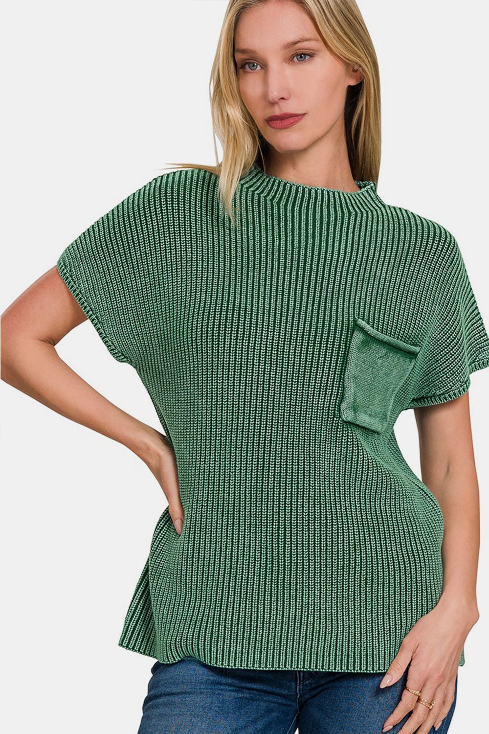 Washed Cotton Mock Neck Short Sleeve Sweater in Dark GreenSweaterZenana