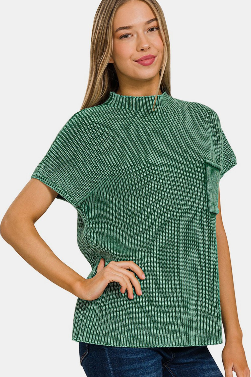 Washed Cotton Mock Neck Short Sleeve Sweater in Dark GreenSweaterZenana