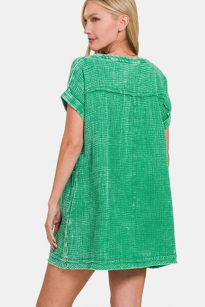 Washed Cotton Short Sleeve Mini Dress in Kelly GreenMini DressZenana