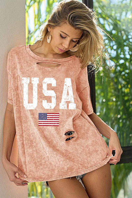 Washed Cotton USA Flag Distressed T-Shirt in Dusty PinkT-ShirtBiBi