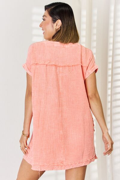 Washed Cotton V-Neck Rolled Short Sleeve Mini Dress in CoralMini DressZenana