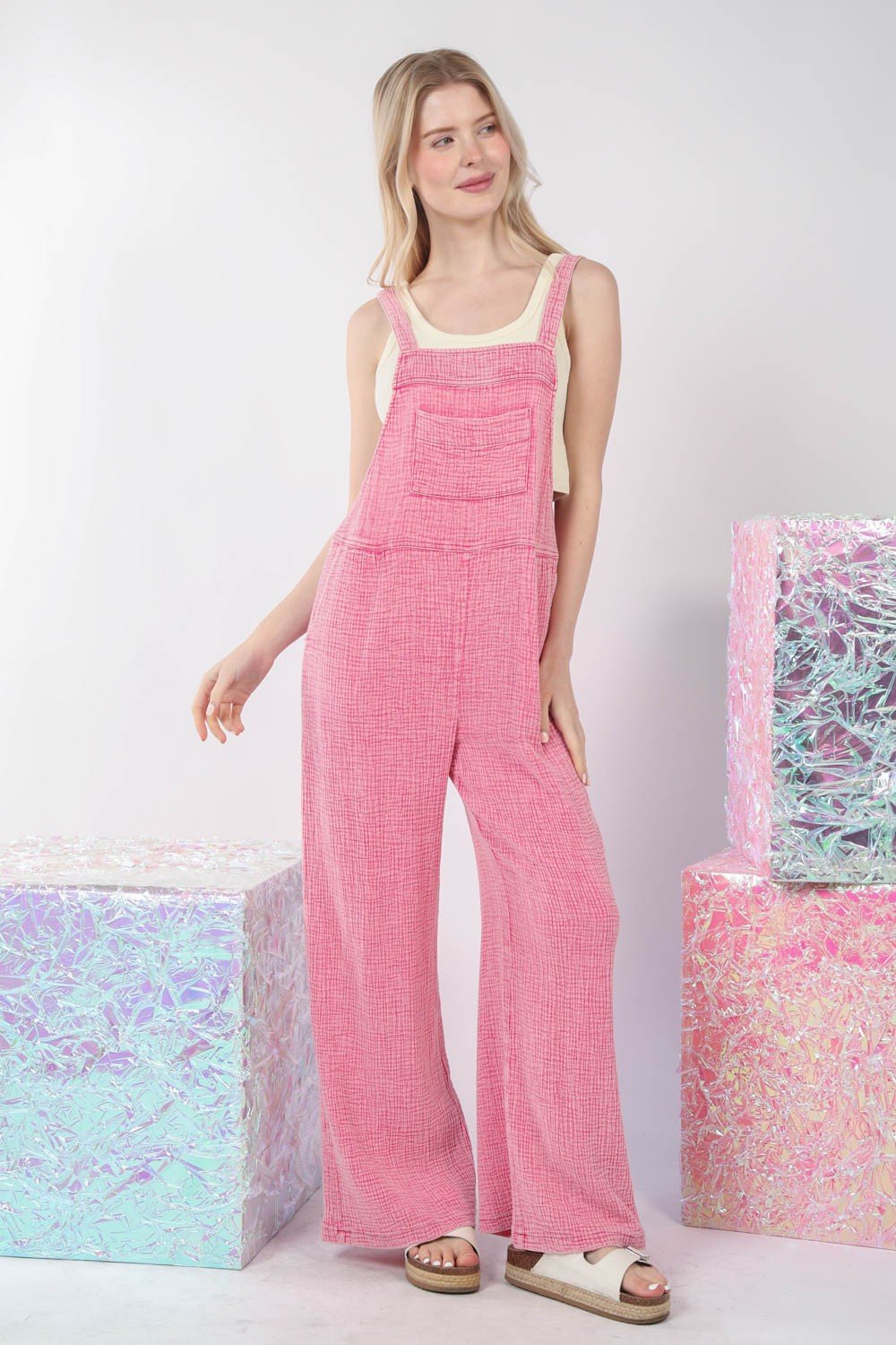 Washed Cotton Wide Leg Overalls in Hot PinkOverallsVery J