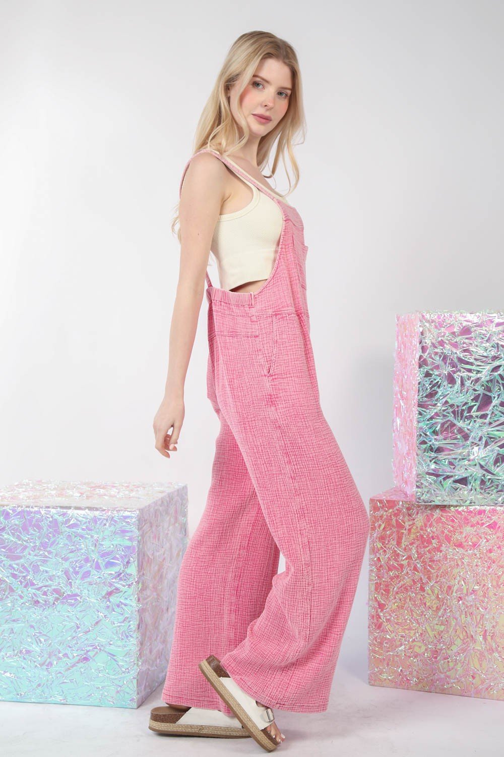 Washed Cotton Wide Leg Overalls in Hot PinkOverallsVery J