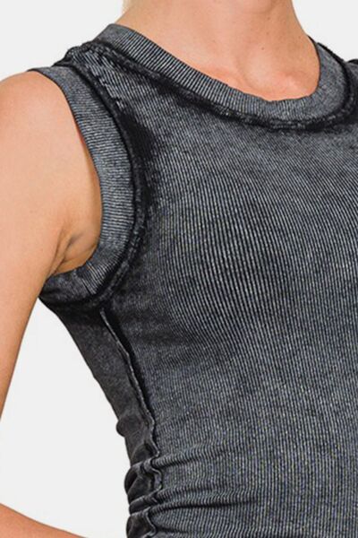 Washed Ribbed Crew Neck Slim Tank in Ash BlackTankZenana