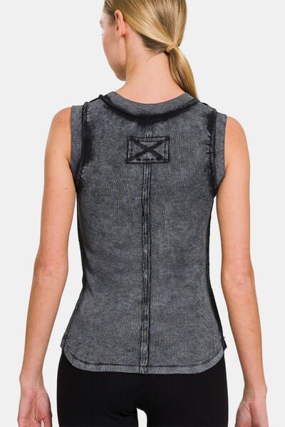 Washed Ribbed Crew Neck Slim Tank in Ash BlackTankZenana