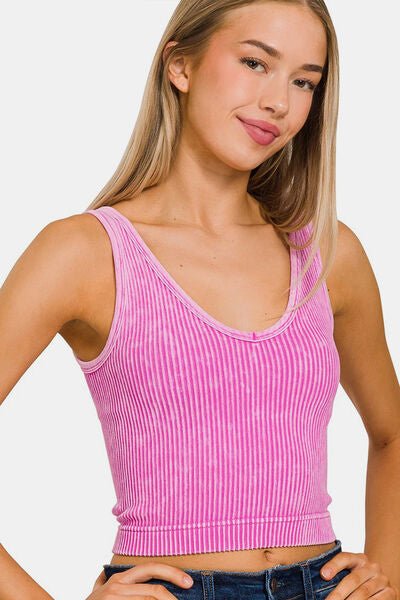 Washed Ribbed Cropped Tank in Bright MauveTankZenana