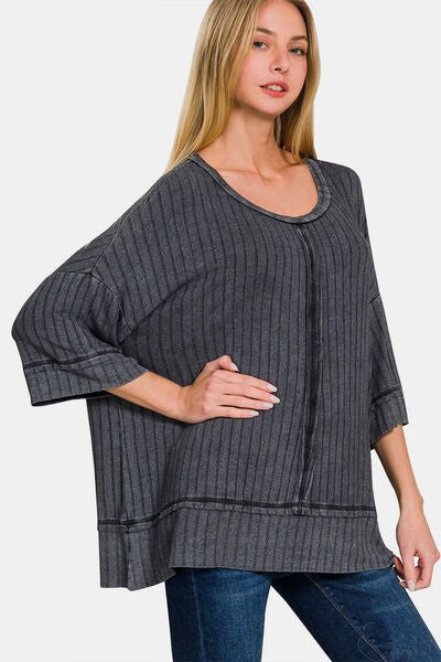 Washed Ribbed Drop Shoulder Half Sleeve Top in Ash BlackTopZenana