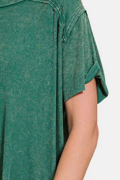 Washed Ribbed Short Sleeve Top in Dark GreenTopZenana