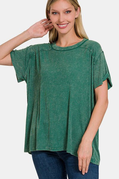 Washed Ribbed Short Sleeve Top in Dark GreenTopZenana