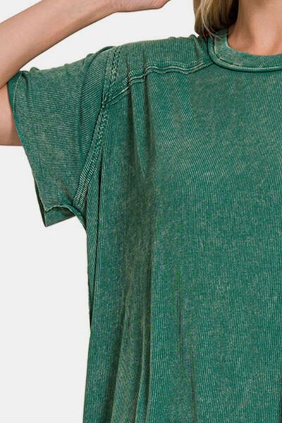 Washed Ribbed Short Sleeve Top in Dark GreenTopZenana