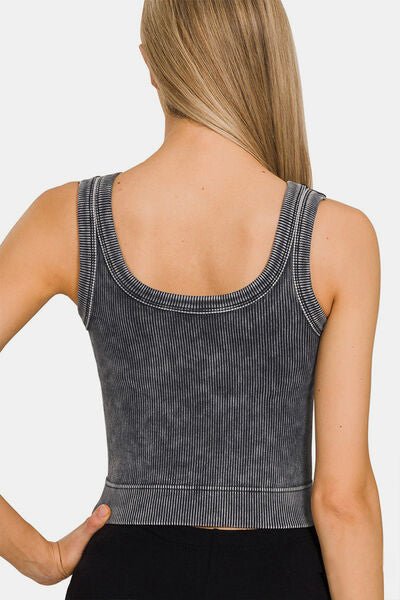 Washed Scoop Neck Wide Strap Tank in Ash BlackTankZenana