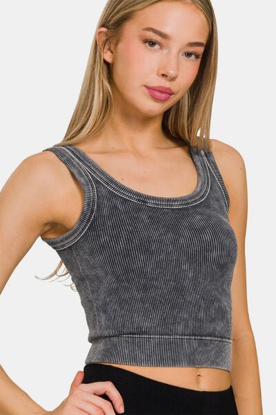 Washed Scoop Neck Wide Strap Tank in Ash BlackTankZenana