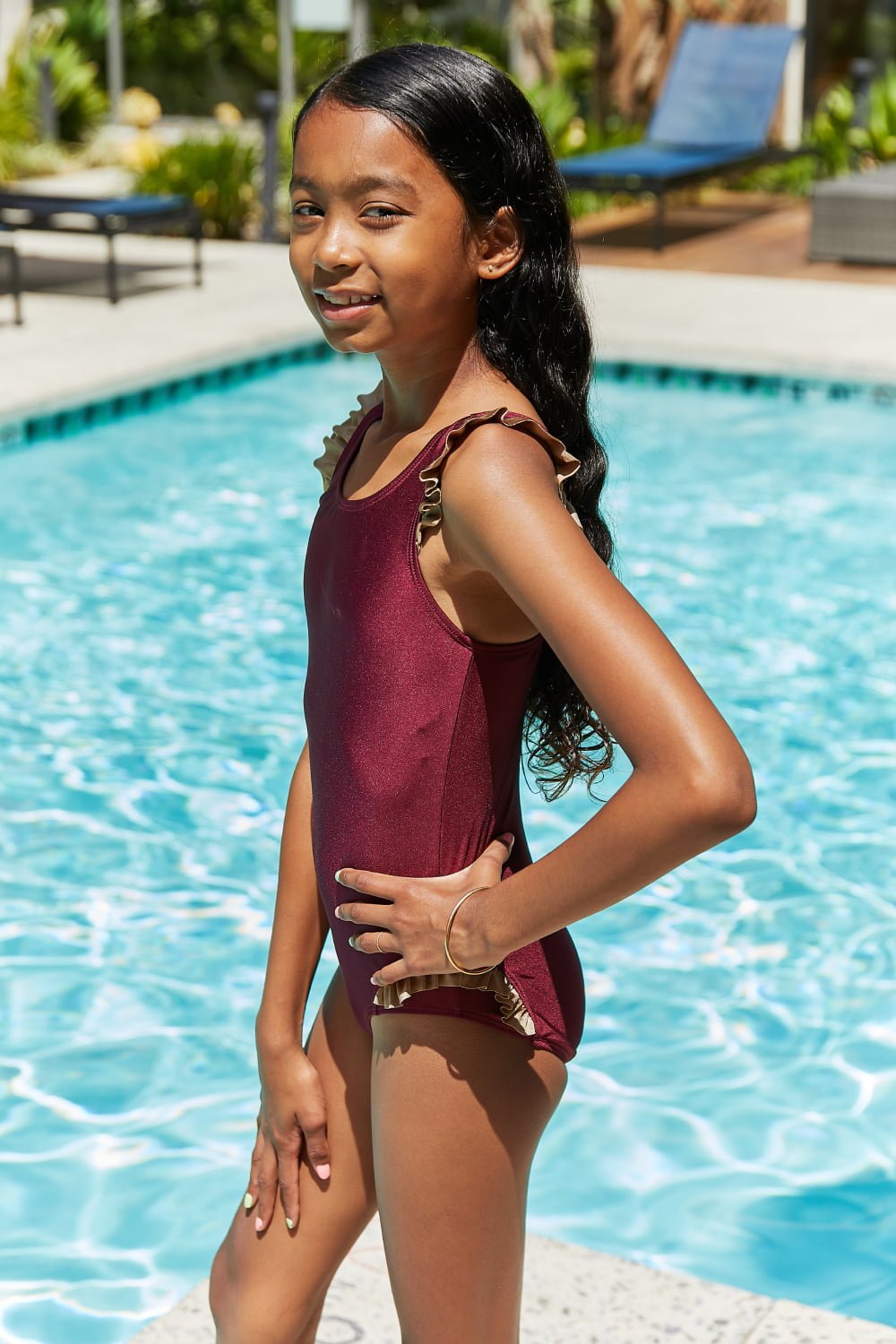 Contrast Trim Girl's One-Piece Swimsuit in WineGirl's SwimsuitMarina West Swim