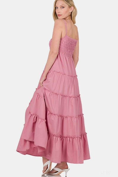 Woven Smocked Tiered Cami Maxi Dress in Light RoseMaxi DressZenana