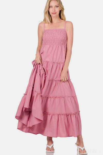 Woven Smocked Tiered Cami Maxi Dress in Light RoseMaxi DressZenana