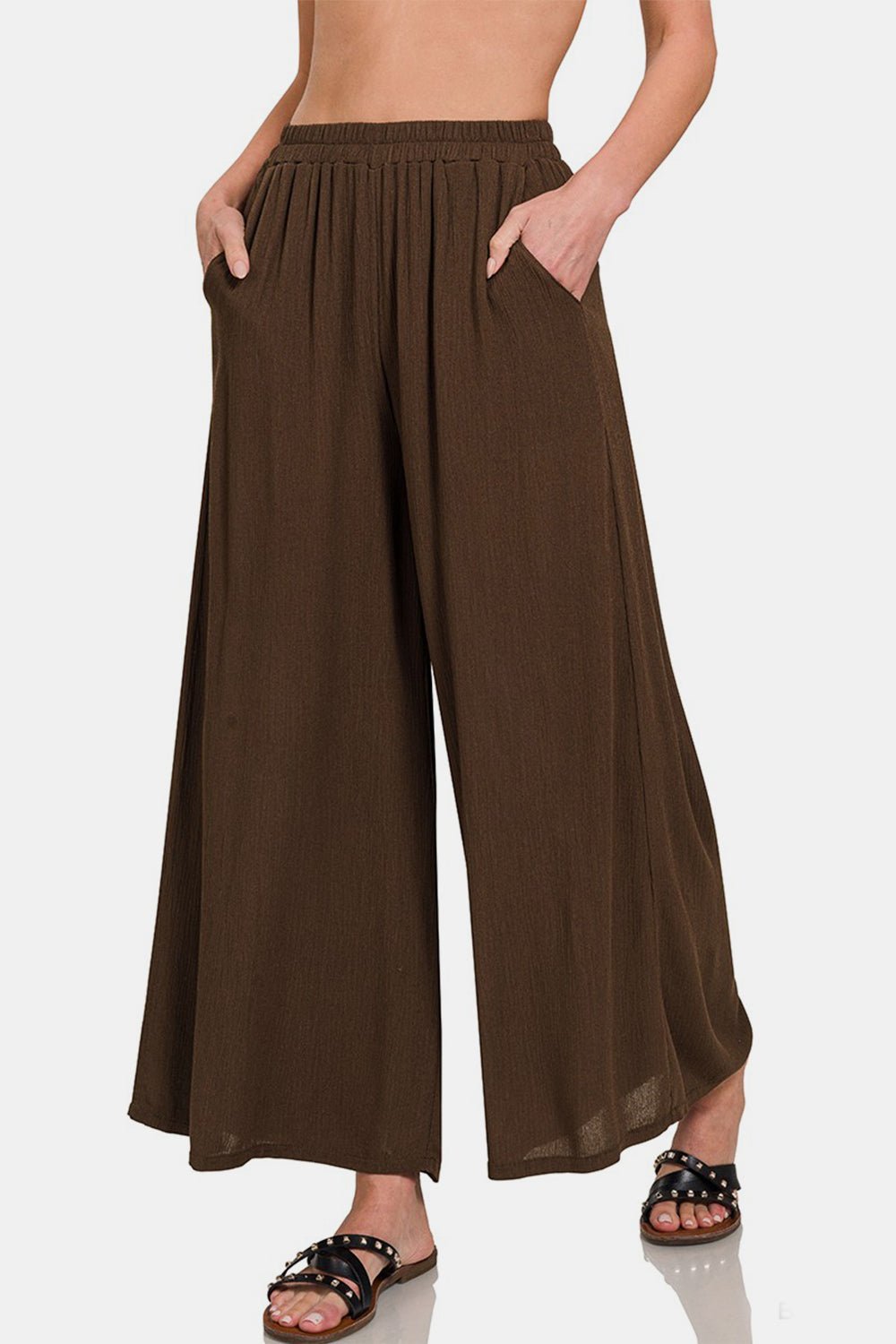 Woven Wide Leg Pants With Pockets in BrownPantsZenana